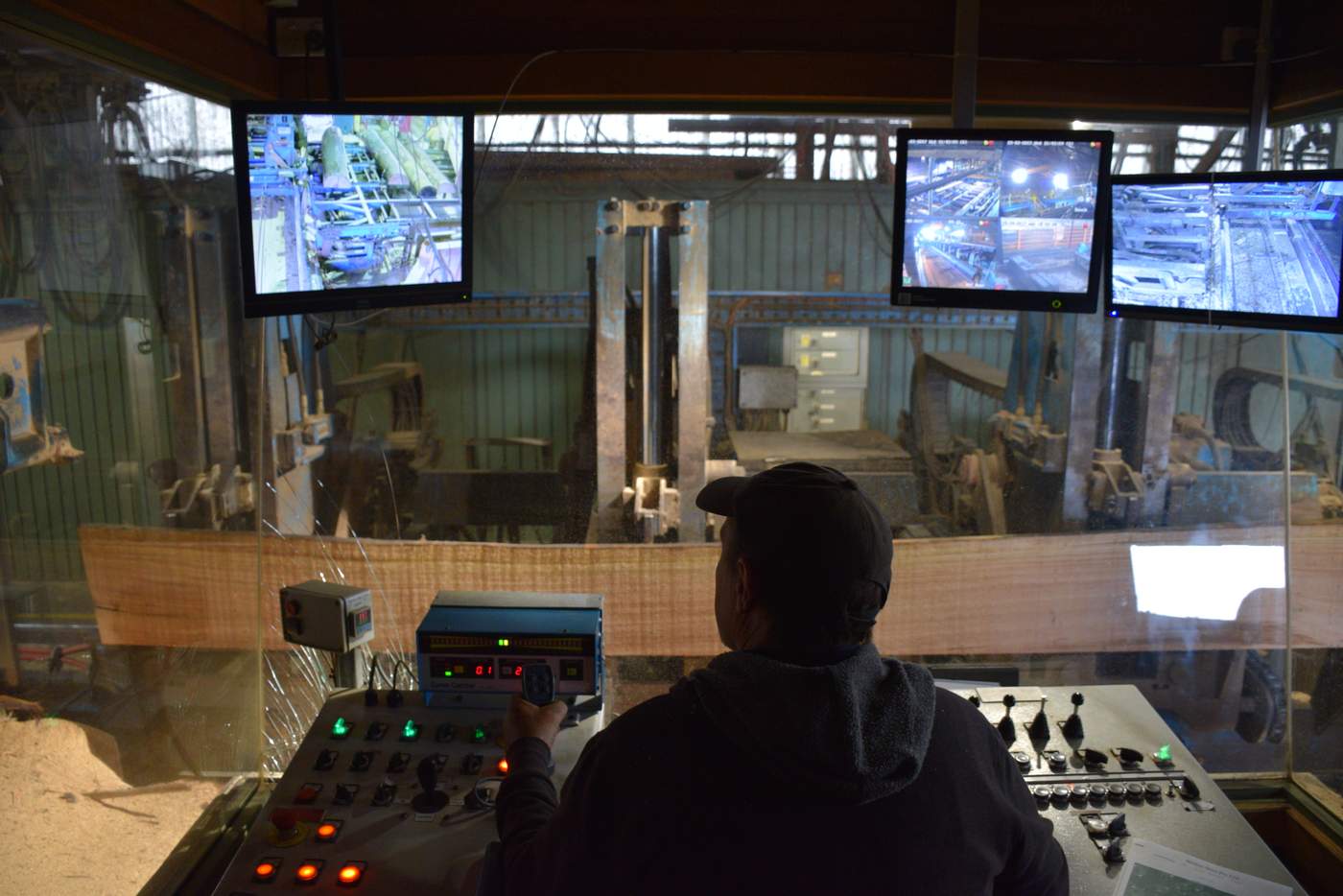 A Britton Timbers worker saws logs coming into the mill.