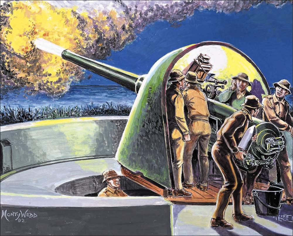 Artwork depicting the Fort Scratchley guns firing during the attack. Artwork: Monty Wedd