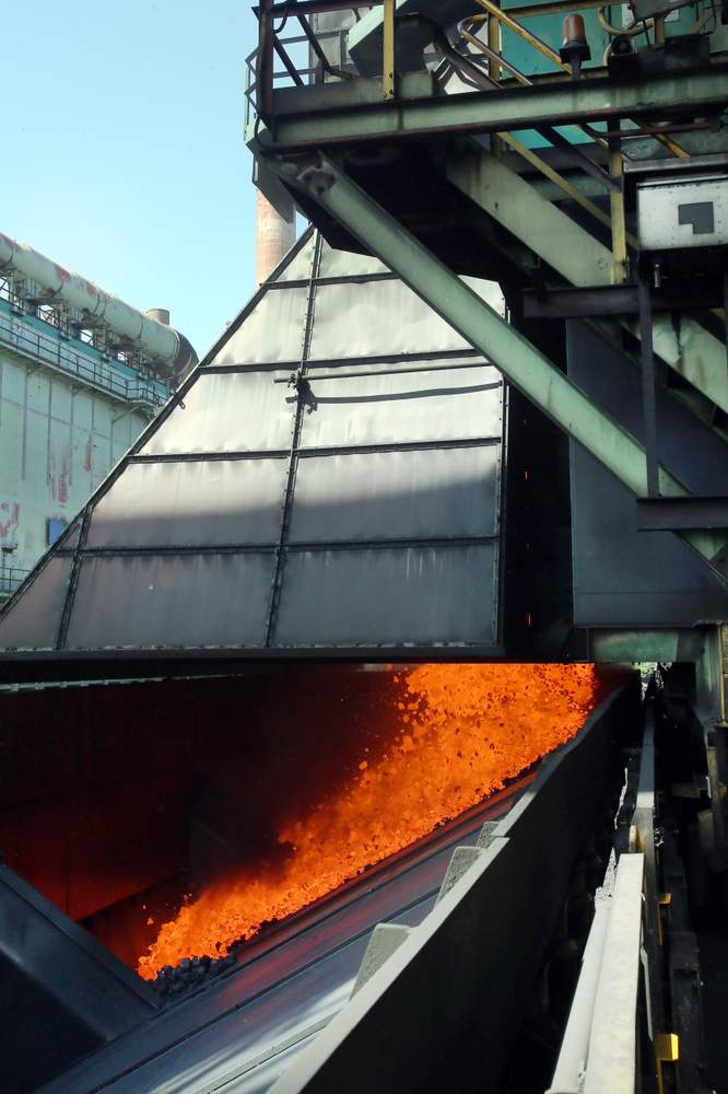 The hot coke landing in the aptly named hot car after being pushed out of the coke ovens. It will head to the quenching stack where it is cooled..