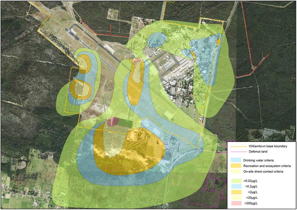 Maps plotting the underground PFOS plume based on sampling data in September 2015