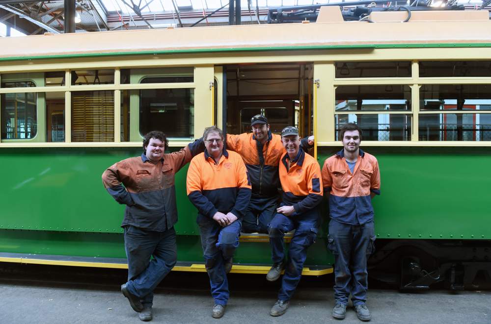 RESTORING AN ICON: Tram engineers William Adams, Tony Rooke, Damien Steel, Mike Campbell and Scott Richardson in 2015